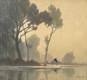 1915年左右，晨雾与马一起浇水 by Alexandre Louise Jacob