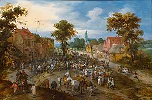 有牛市场的村庄入口，1612年 by Jan Brueghel the Elder