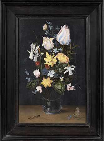 玻璃烧杯中的花，石底座上有荆棘、贝壳和鹅掌楸，约1618年 by Balthasar van der Ast