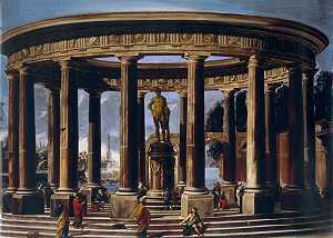 带有大力神雕像的寺庙视图，约1650年 by Viviano Codazzi