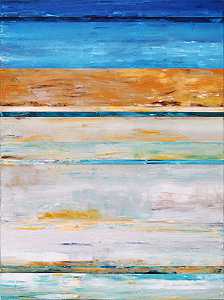 这是一幅抽象画。海滩上的夏日。大，充满活力，多彩，条纹，蓝色，黄色，米色，白色，灰色，抽象，粗体，线条，2022年 by Leon Grossmann