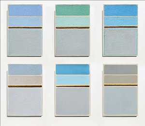 向罗斯科致敬。一套6幅画。海洋，森林，静日，蓝色，灰色，金色，米色，绿色，纹理，条纹，线条，抽象绘画，2022年 by Leon Grossmann