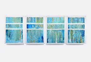 蓝色是一幅抽象画。一套4件。金色海滩/蓝天/海景。充满活力、蓝色、米色、白色、青色、绿松石色、大胆、手势、抽象，2022年 by Leon Grossmann