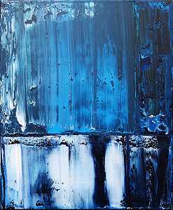 这是一幅抽象画。蓝色的湖。反射向里希特致敬。蓝色、白色、灰色、黑色、动感、大胆、2022 by Leon Grossmann