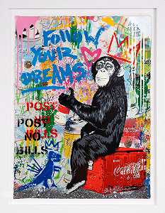 “追随你的梦想”蓝色猴子，独特的街头波普艺术绘画，2022年 by Mr. Brainwash