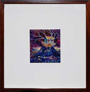 “自然方舟”宝石色调抽象超现实主义绘画，树上的船屋，1987年 by Michael Roque Collins