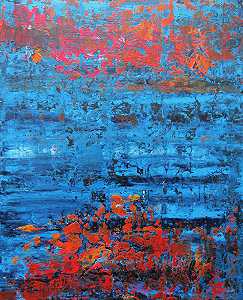这是一幅抽象画。好莱坞湖。日落反射蓝色、白色、灰色、黑色、红色、橙色、动感、大胆、2022 by Leon Grossmann